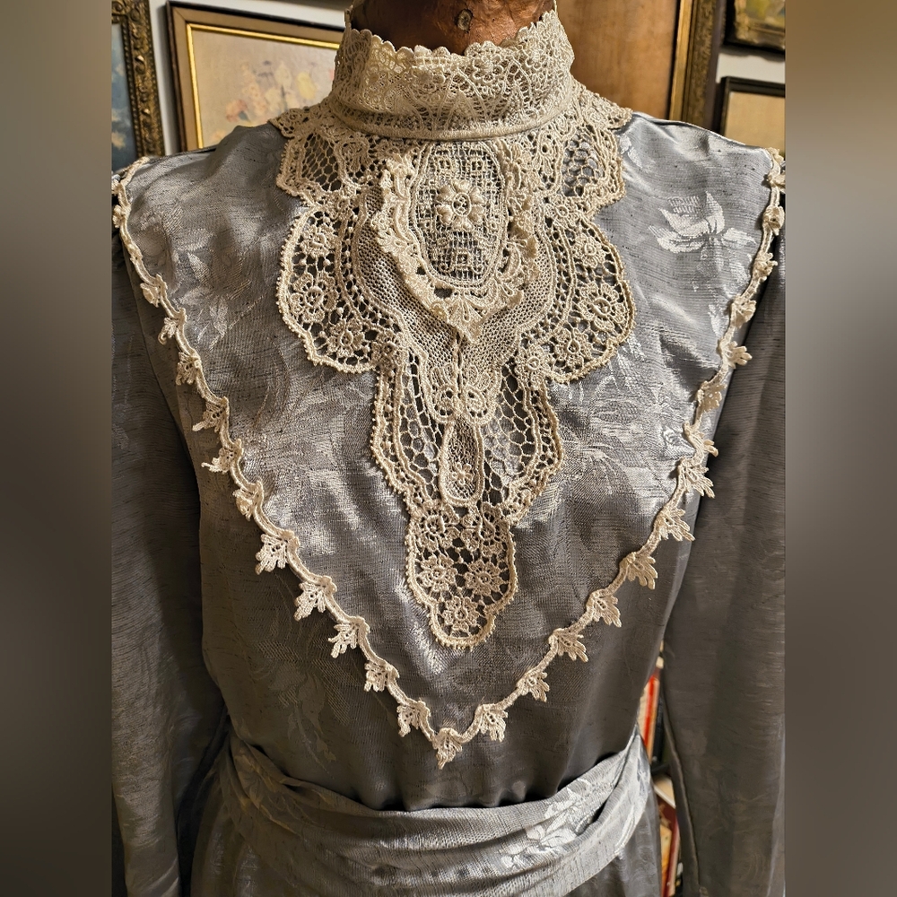 Scott McClintock Silver-Gray Long Sleeve Dress with Cream Lace Bib